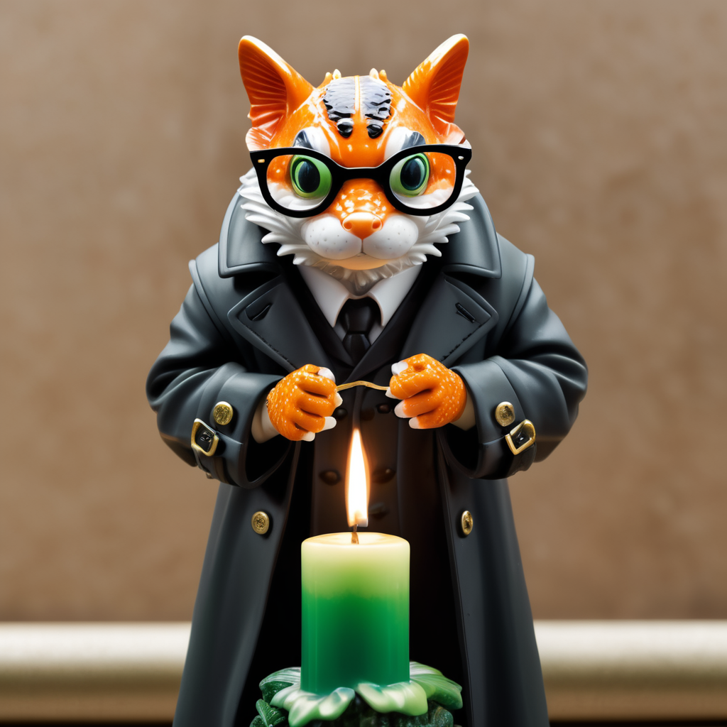 A realistic Koi fish wearing black glasses and a black trench coat using its koi fish arms to open the trench coat to reveal a realistic tall, thin, green candle growing from its crotch