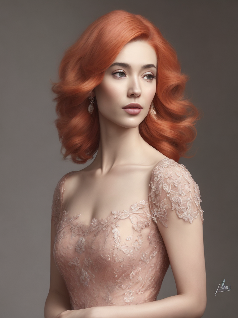 A lady sporting rosy-hued hair donned in a delicate pink lace gown, artfully rendered in hyperrealism and photorealism, ultra-high-definition image, gentle-focused realism, adorned with pastel colors.