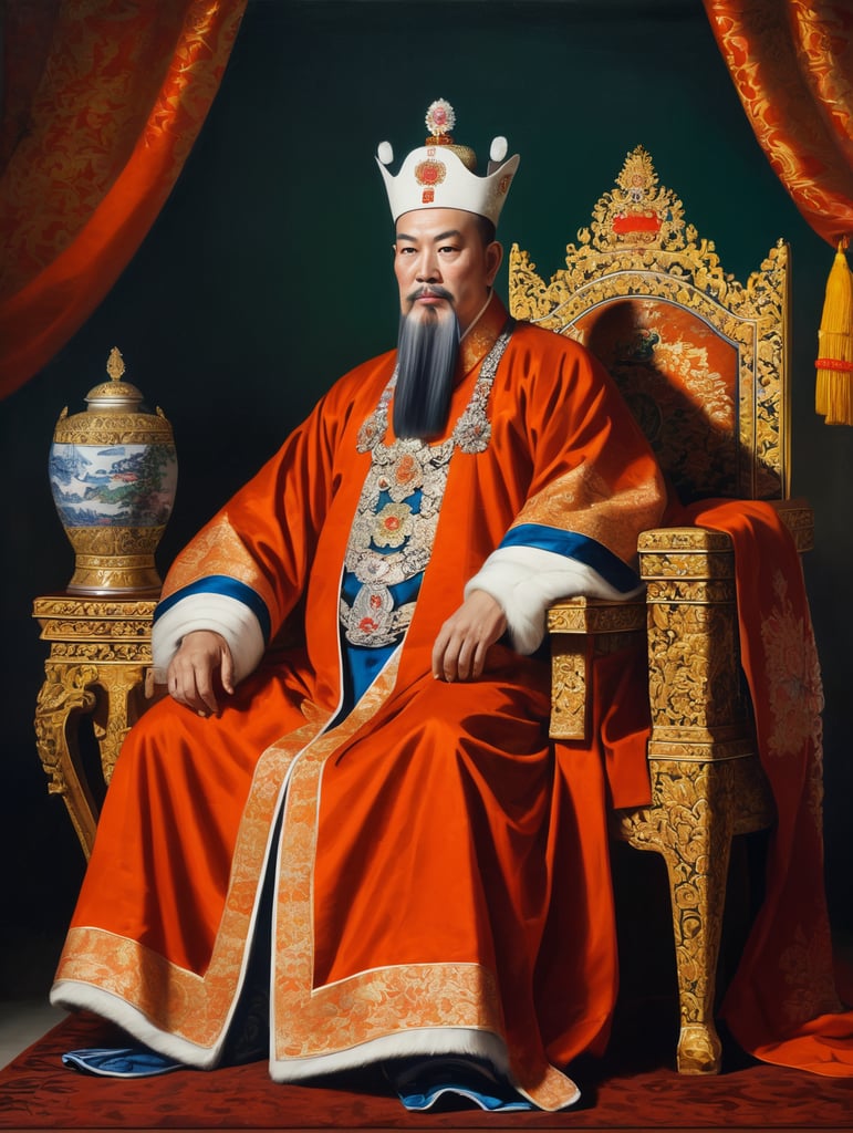 An 18th century painting of a vietnamese emperor sitting down, wearing european clothing and an asian imperial crown