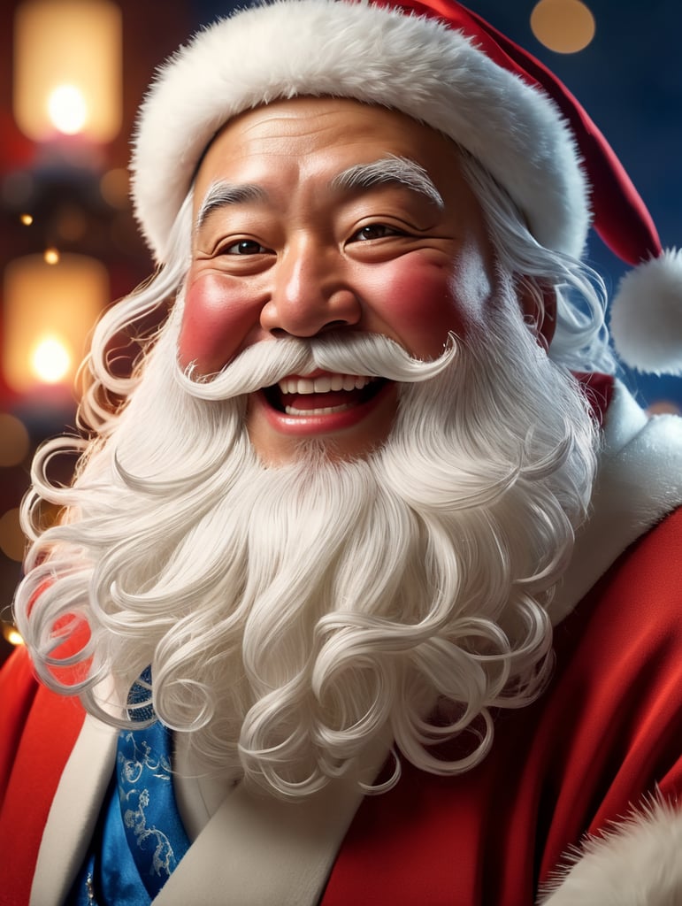 Portrait of a Japanese fat Santa Claus smiling, whimsical facial expression, flowing white beard, jolly caricature, saturated colors, red outfit, sharp focus, portrait photography, depth of field, dramatic candlelit lighting, incredibly high detailed, blue background, blurred background,