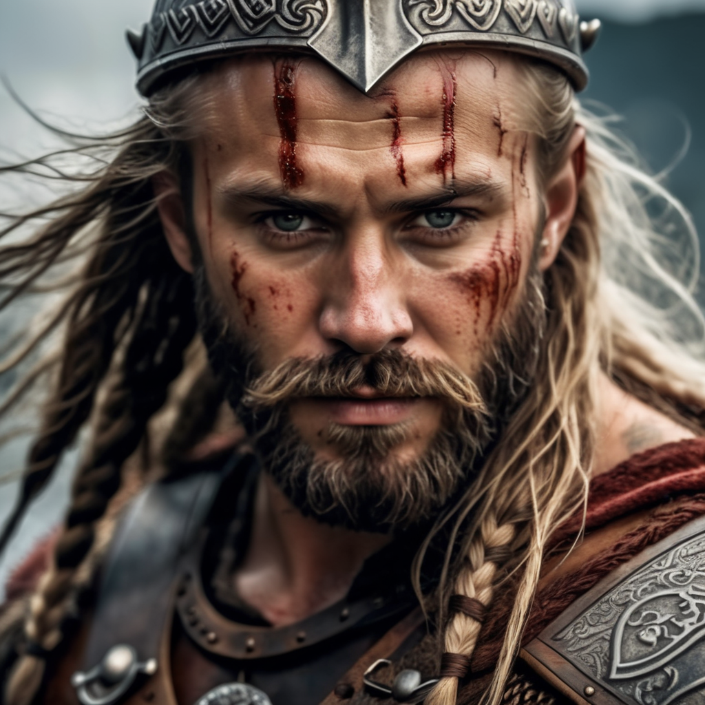 hyper realistic Blood stained viking with full face beard