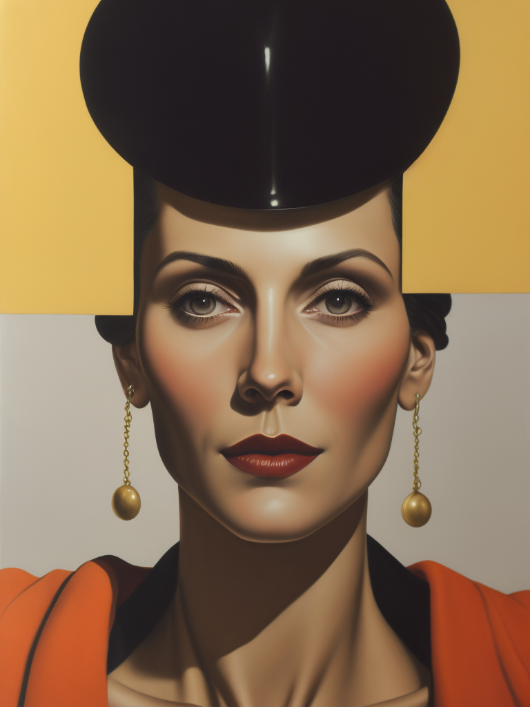 A painting of a very beautiful, middle aged woman in the art deco style of Tamara de Lempicka.