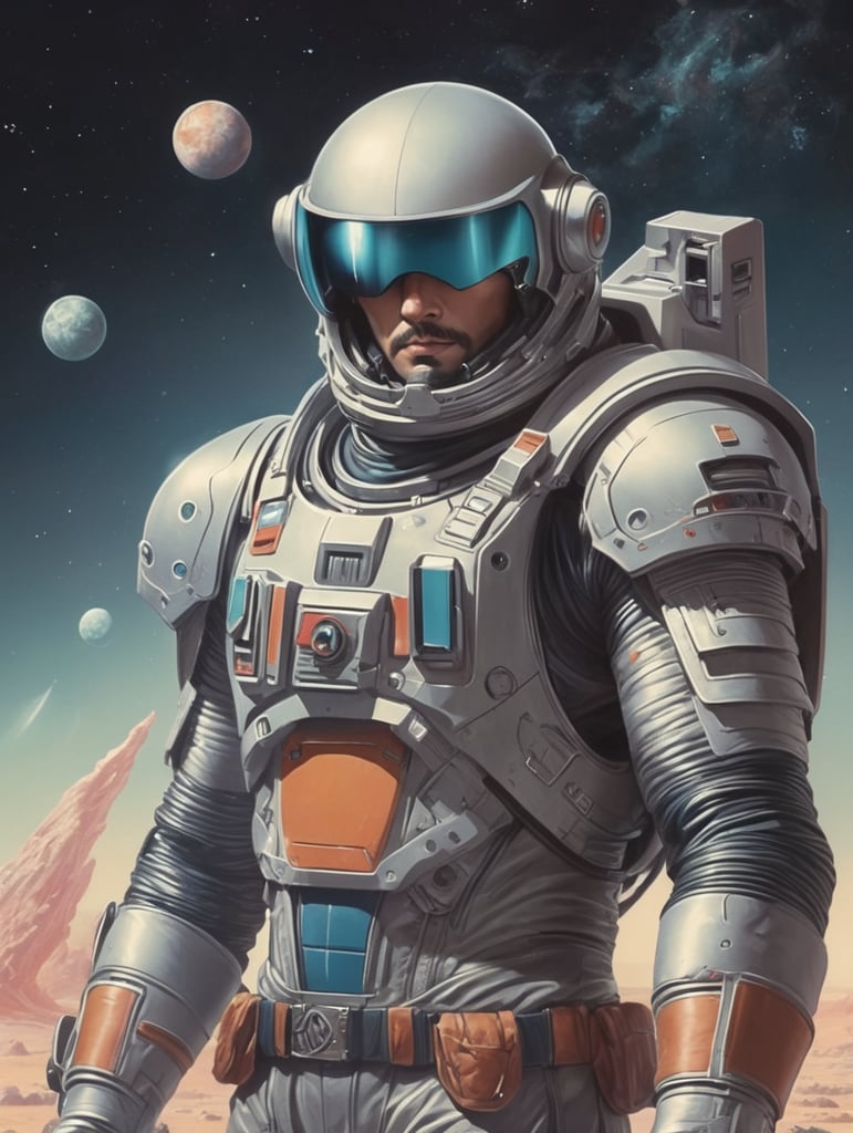 artwork 80s, space fantasy, hero, 80s style drawing