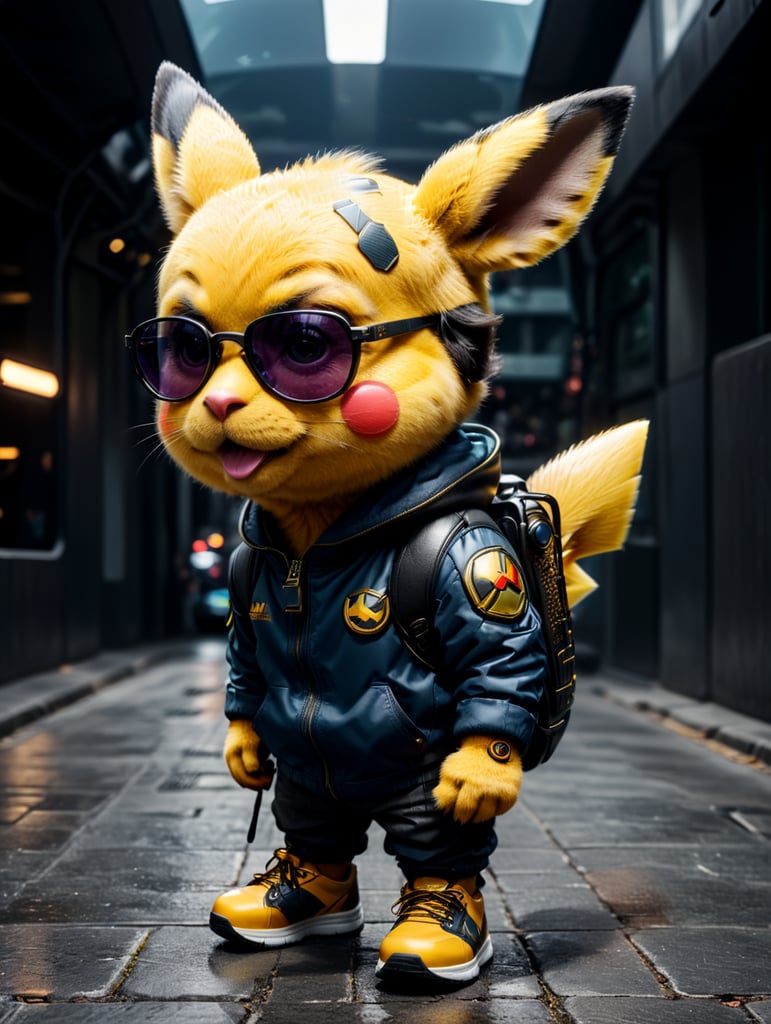 cute stylish Pikachu with a duck nose like Donald Duck, dressed in stylish futuristic sportswear, large sneakers and futuristic glasses