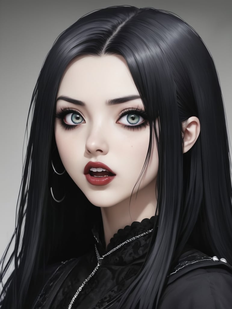 anime girl with long black hair sticking out tongue, this is Junji style, anime vampires, goth girl, in anime series Ergo Proxy, goth girl aesthetic, gothic anime girl, raven black hair, crazy anime style, goth girl