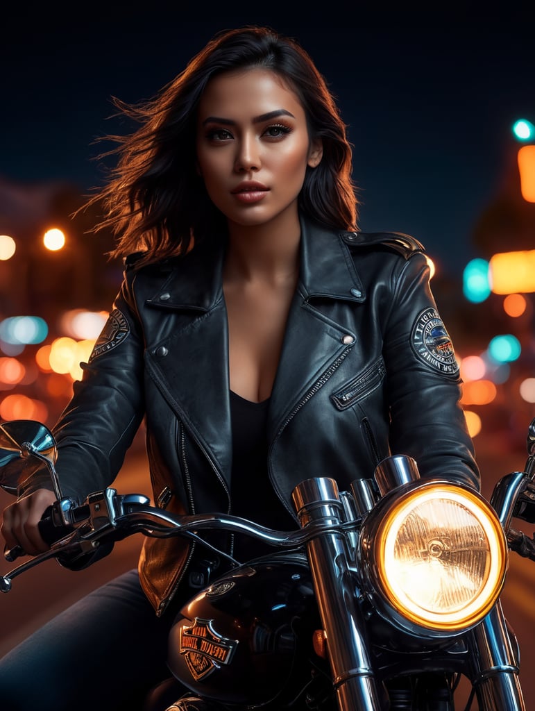Beautiful girl on Harley Davidson motorcycle, road 66, leather jacket, photorealistic, detailed image, night, USA, neon lights, bright colors, starry sky, detailed face