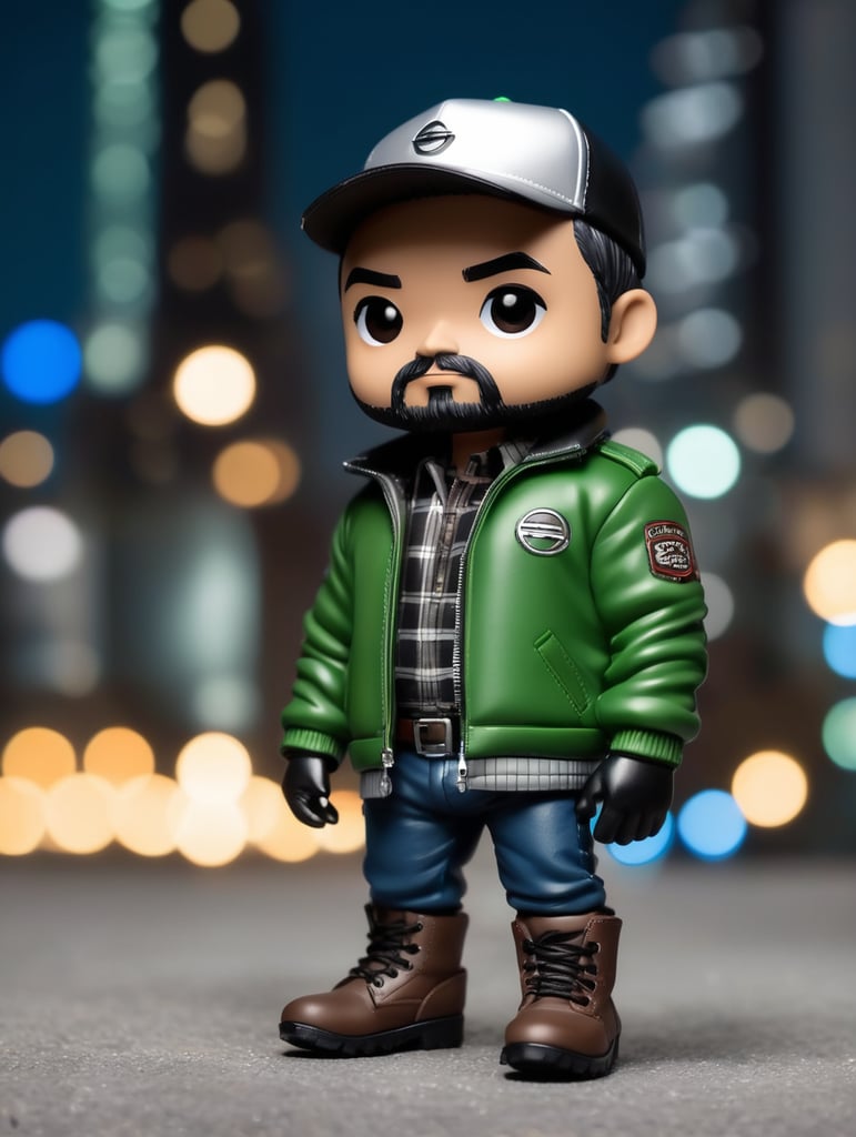 Crear carro nissan almera hatchback dos puertas, color plata, cofre y toldo negro, rines negros, vidrios polarizados, modelo 2002. A un lado un funko pop hombre medio gordo, cabello negro corte semilargo de lado, chamarra piel negra, camisa de cuadros verde, pantalón azul marino, botas café. De fondo una ciudad a oscuras con muchas luces.