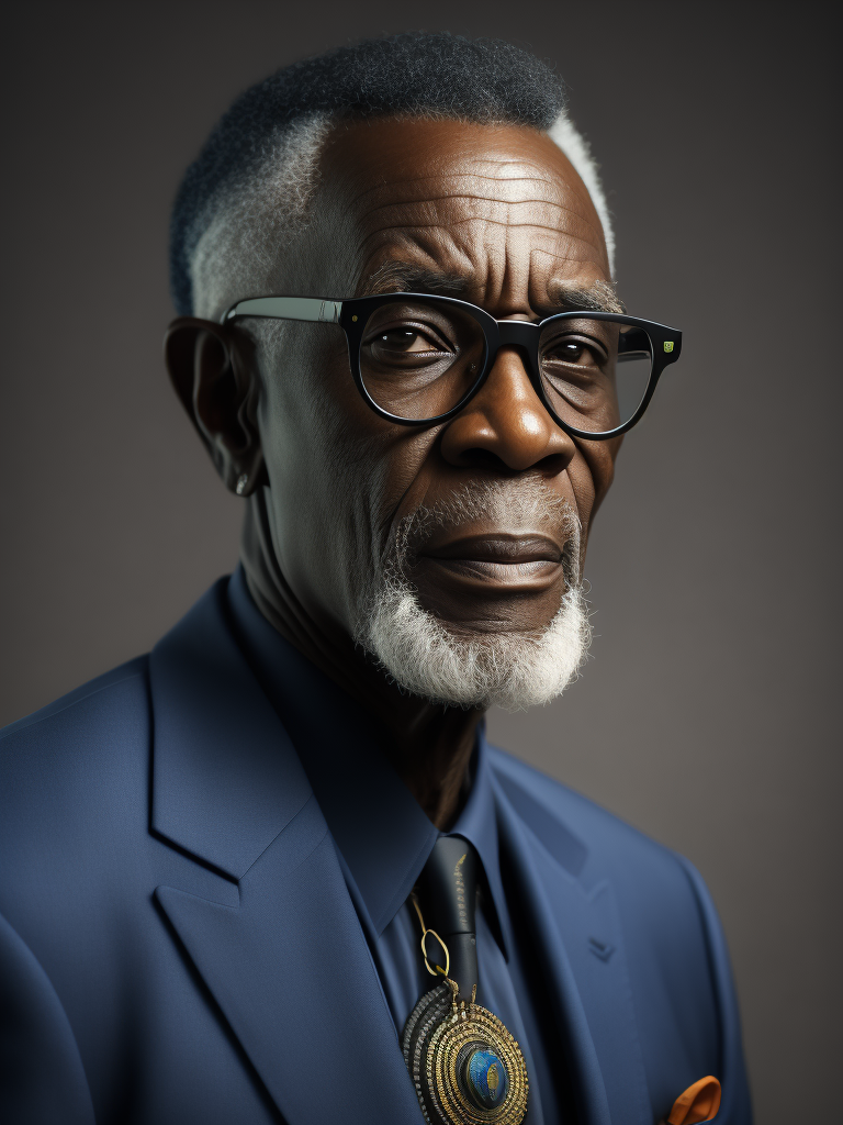 Elderly man with black skin and blue hair wearing glasses