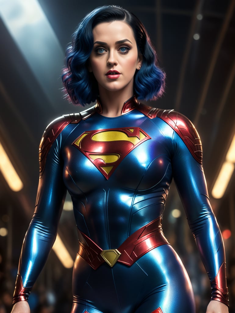 Katy Perry wearing a tight and shiny metallic Superman bodysuit