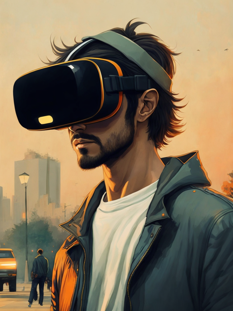 Vintage 90's anime style. a lonely men wearing a virtual reality headset walking in the street