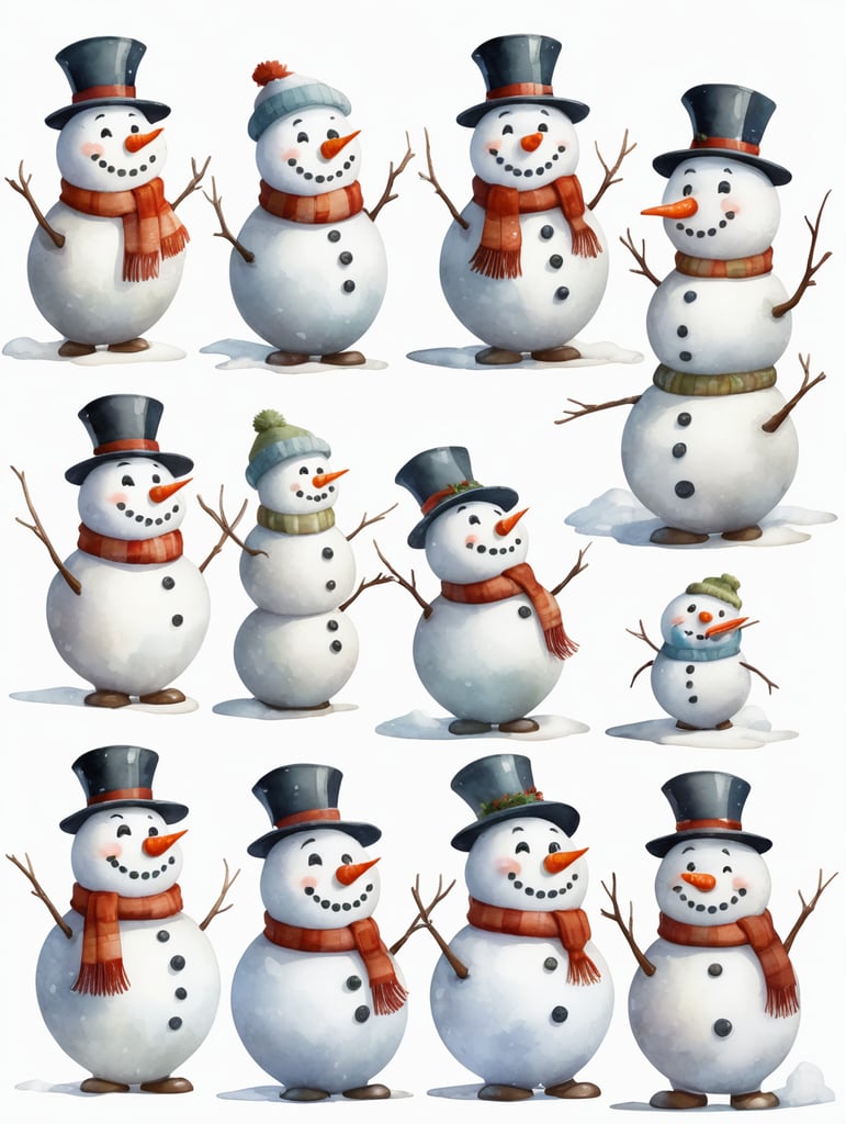 Snowman, different angles and expressions, full body only character sheets, multiple poses, white background, whimsical watercolor