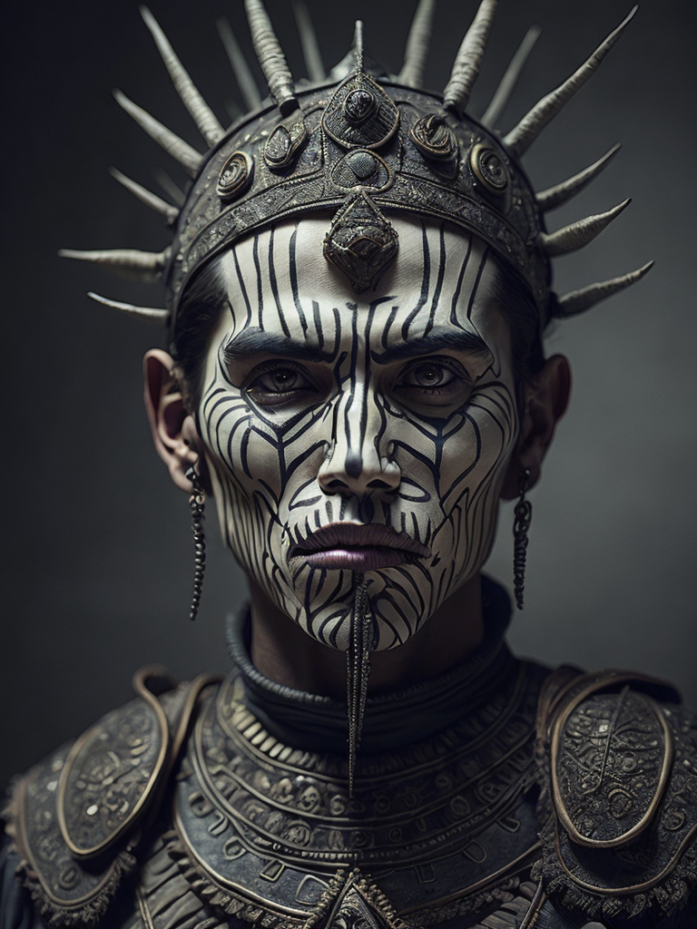 In this powerful and evocative image, mictlantecuhtli, the ancient aztec god of the underworld, emerges in all his ominous glory. rendered predominantly in stark black and white, with subtle gradations of gray, the depiction showcases the deity's menacing presence and serves as a testament to his authority. mictlantecuhtli's face embodies an intense fury, with furrowed brows and eyes ablaze with anger. his facial features are sharp and defined, with deep-set eye sockets that pierce through the darkness. elongated, bony structures form his skeletal visage, accentuating the otherworldly nature of his being. jagged teeth, stained and yellowed, protrude menacingly from his mouth, capturing his ferocity and instilling fear in those who behold him. the environment surrounding mictlantecuhtli reflects the essence of his era, transporting us to the aztec underworld known as mictlan.