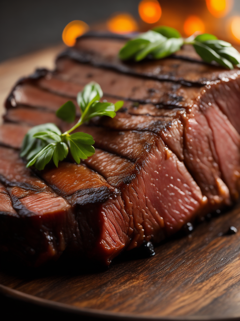 macro photography of a meat steak the camera zoom in for close up shot, showing the intricate details and textures of the meat steak, the use of shallow depth of field and softy focus creates using the unreal engine with a Canon RF 24mm f 1.8 Macro IS STM Lens as the virtual camera model, macro photography