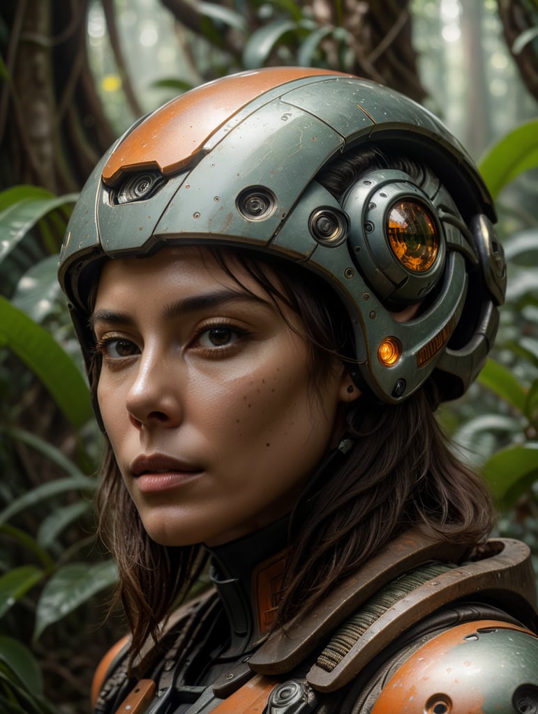 Waist-up, muted photo portrait titled "female futuristic alien in a jungle", broken helmet tangerine, muted palette, muted colors, detailed, 8k