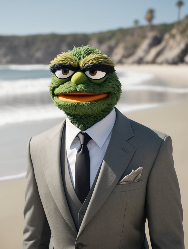 Photo realistic Oscar the Grouch in a suit on the beach