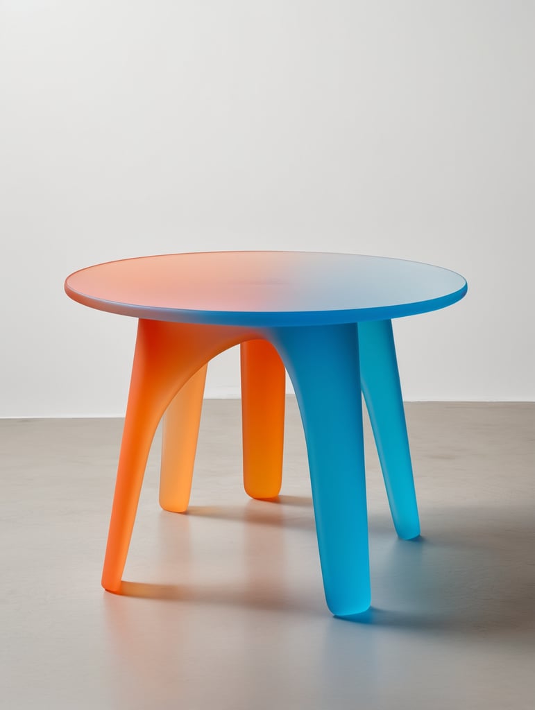 A contemporary minimalist semi-translucent silicone table with vibrant cyan blue and orange gradient colors as if designed by hi studio.