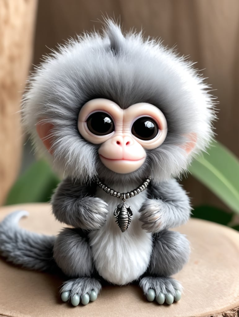 Finger monkey wearing a scorpion tail, grey necklace, big, furry, fluffy, wearing grey necklace, big adorable eyes