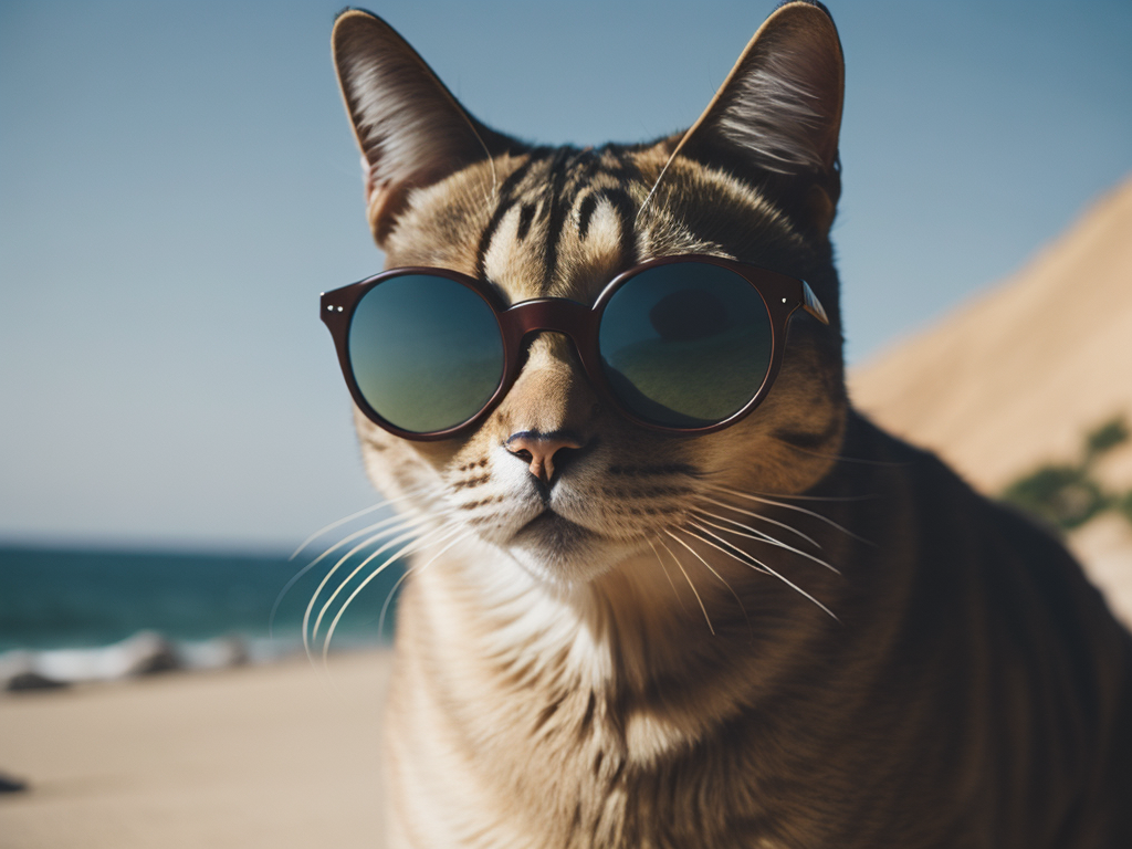 Cool cat hanging at the beach in sunglasses. Summer kitty by the sea. Sunbathing pet in shades. top