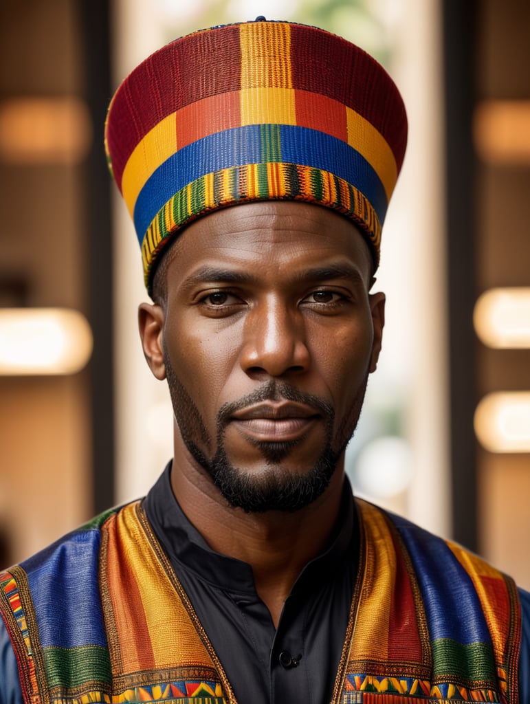 An african man wearing a fez hat made from a hand-woven kente pattern, Realistic, 50 mm lens, fashion,