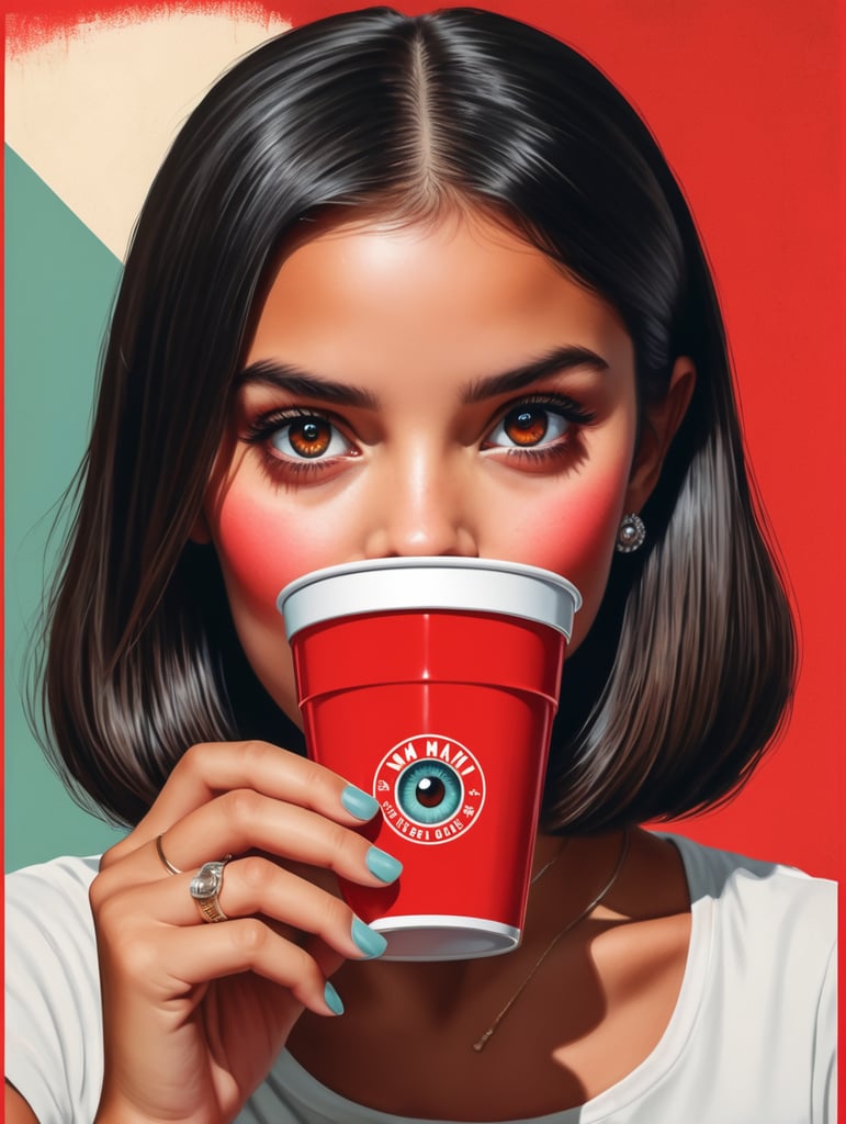 Miami young girl holding a red cup eye-catching poster-style drawing and illustration representing the iconic pulp style.