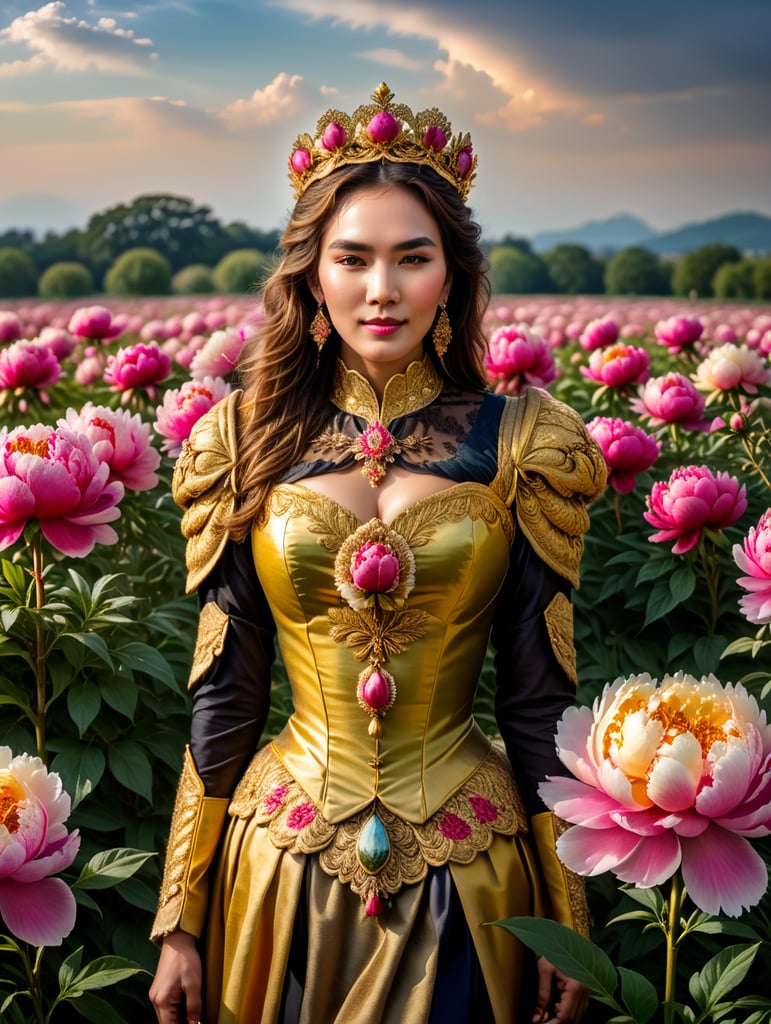 A golden queen standing in a field of peonies.