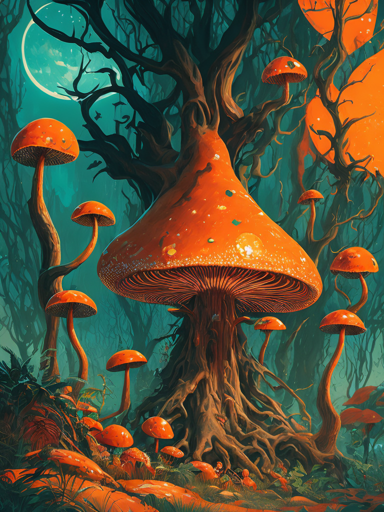 nature, high resolution, very detailed, crowded aliens, weird plants , unrealistic trees, trippy, big colored mushrooms, hallucination, bright colors, surrealism