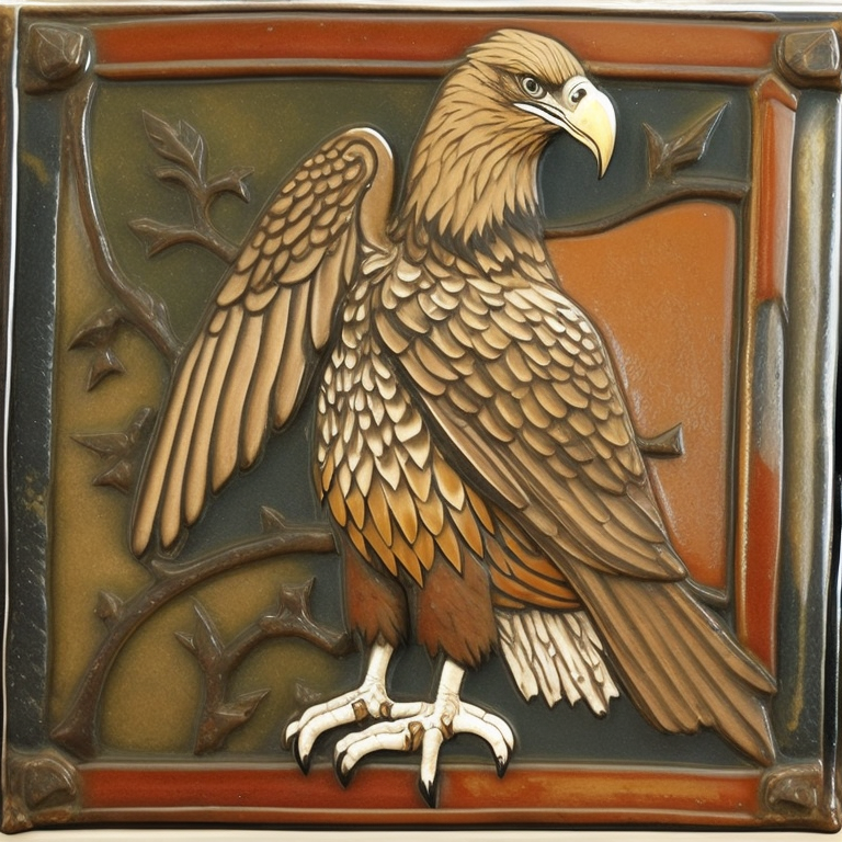 photo of medieval ceramic tile, eagle, simple design, art on tale, glazed