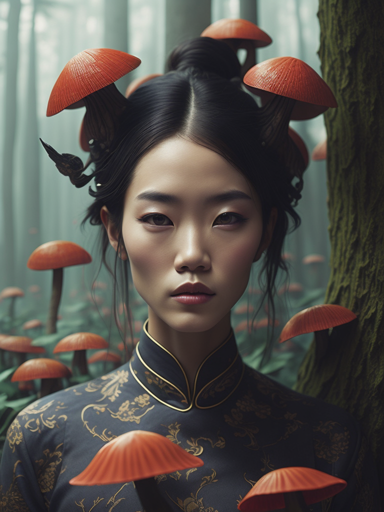 Pretty chinese model with hallucination mushrooms, by martine johanna and simon stalenhag and chie yoshii and casey weldon and wlop, bright and saturated colors, elegant, highly detailed, vogue, fashion magazine, sharp focus