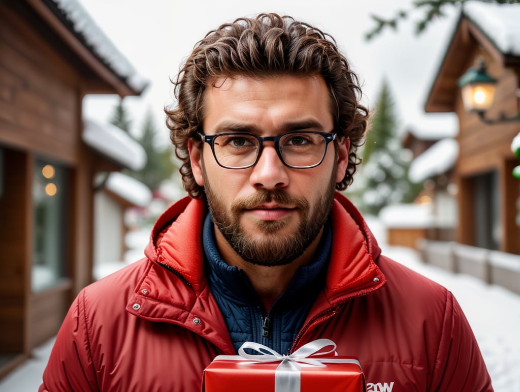 portrait of a bearded curly man wearing red puffer jacket, reeding glasses, stands front camera with gift box his hand, snowy weather, Christmas time, blurry background