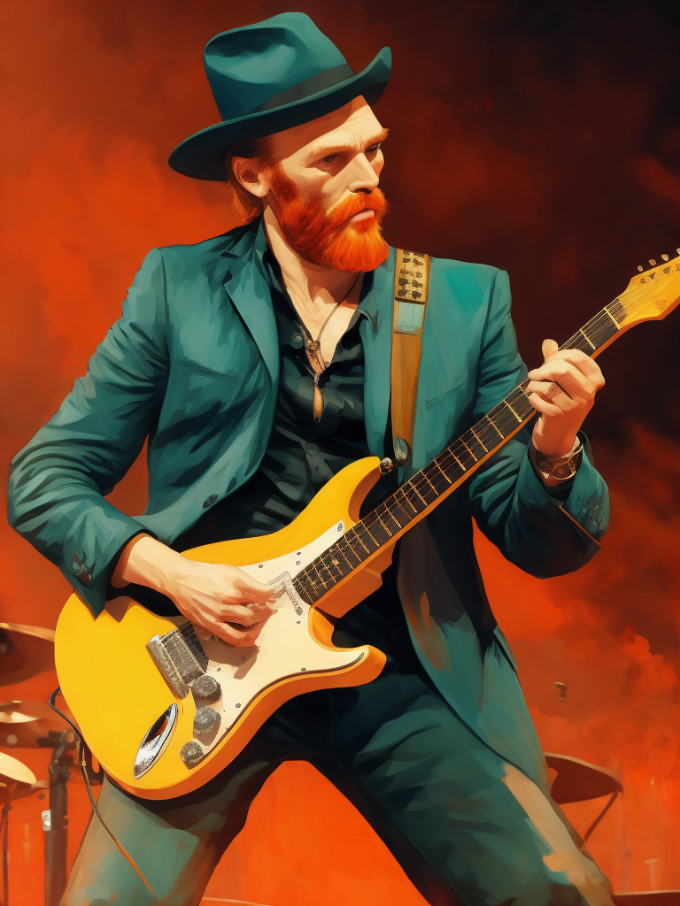 Rock star vincent van gogh on stage with his band at a big festival, van gogh style