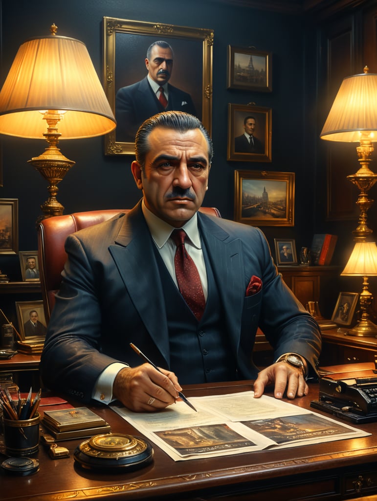 beautiful oil matte portrait painting, mafia boss at his 50s new york office desk, wonderful masterpiece highly detailed, beautiful cinematic light deep focus, elegant, digital painting, smooth, sharp focus, golden ratio, dramatic illumination, ultra realistic, 8k,