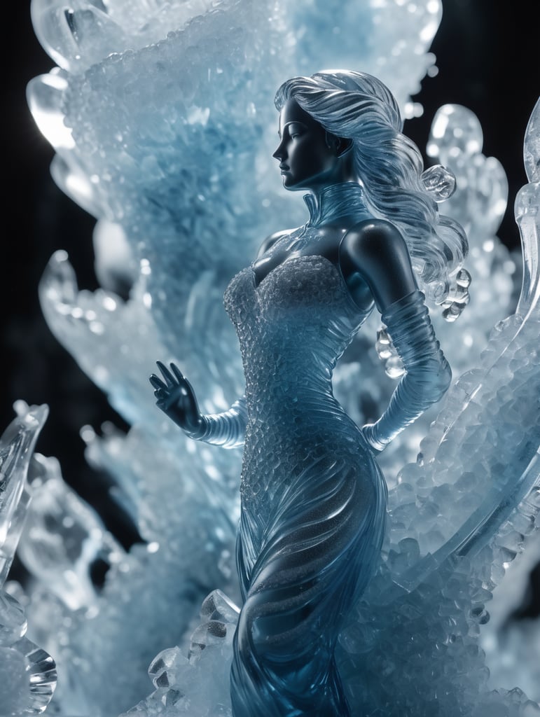 Highly detailed shot of an blueish ice sculpture in the shape of a curly women, full-body shot, dramatic shattering ice background, full motion effects, diagonal view, ice crystal particles everywhere, back light, ultra sharp focus, high speed shot, subtle color, Bioluminescence, high quality