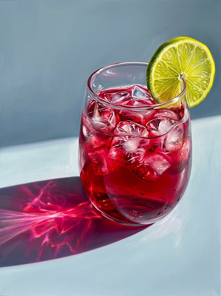 stemless glass filled with vibrant crimson liquid and ice cubes, bright yellow-green lime slice resting on the rim, photorealistic painting, glowing magenta caustic shadow stretching across a flat surface, intense light refraction, strong direct lighting, smooth light blue-grey background, vivid colors, close-up perspective