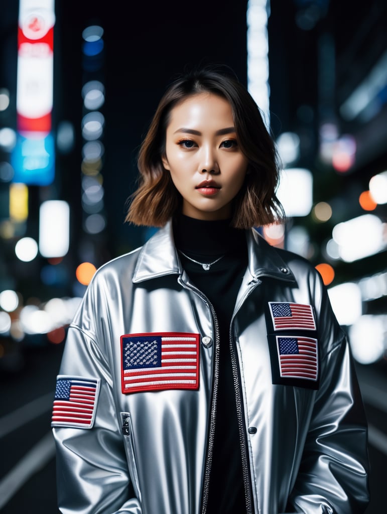 Silver kith jacket, american flag patch, futurist, shot in tokyo at night, shot on leica, fashion portrait, by kith