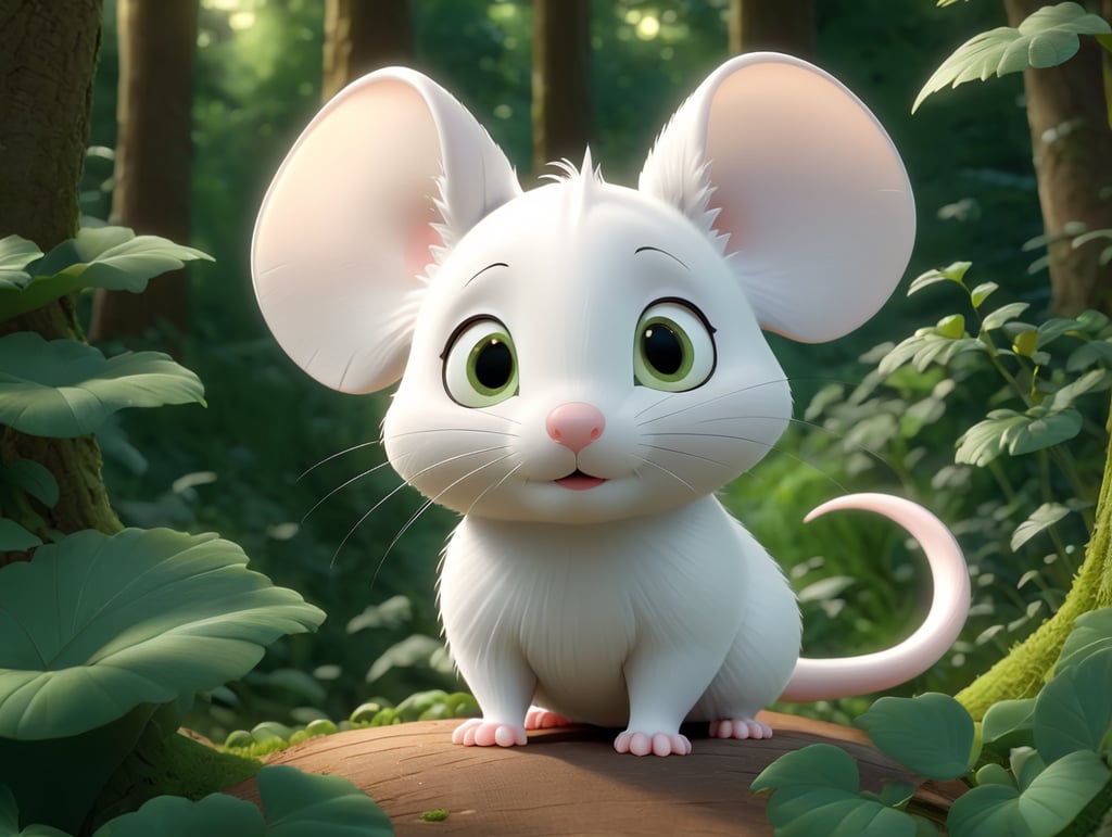 cute white mouse backwards looking to the deep of a green forest thick leaves lush trees nature scenery landscape.