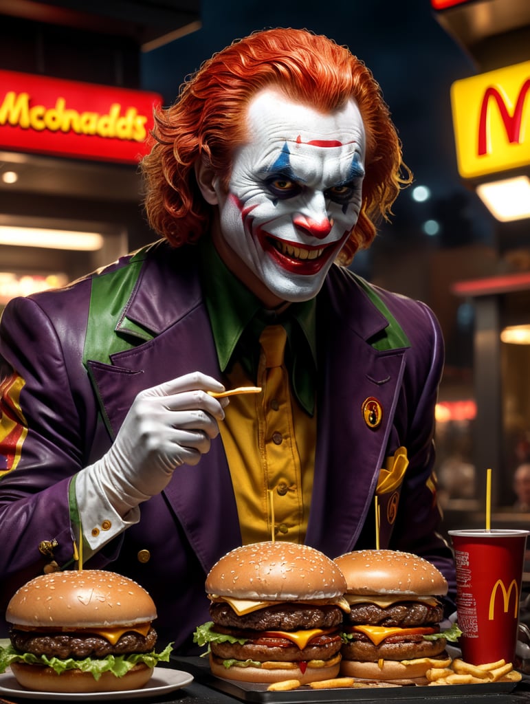 Joker as Ronald McDonald serving burgers at McDonalds