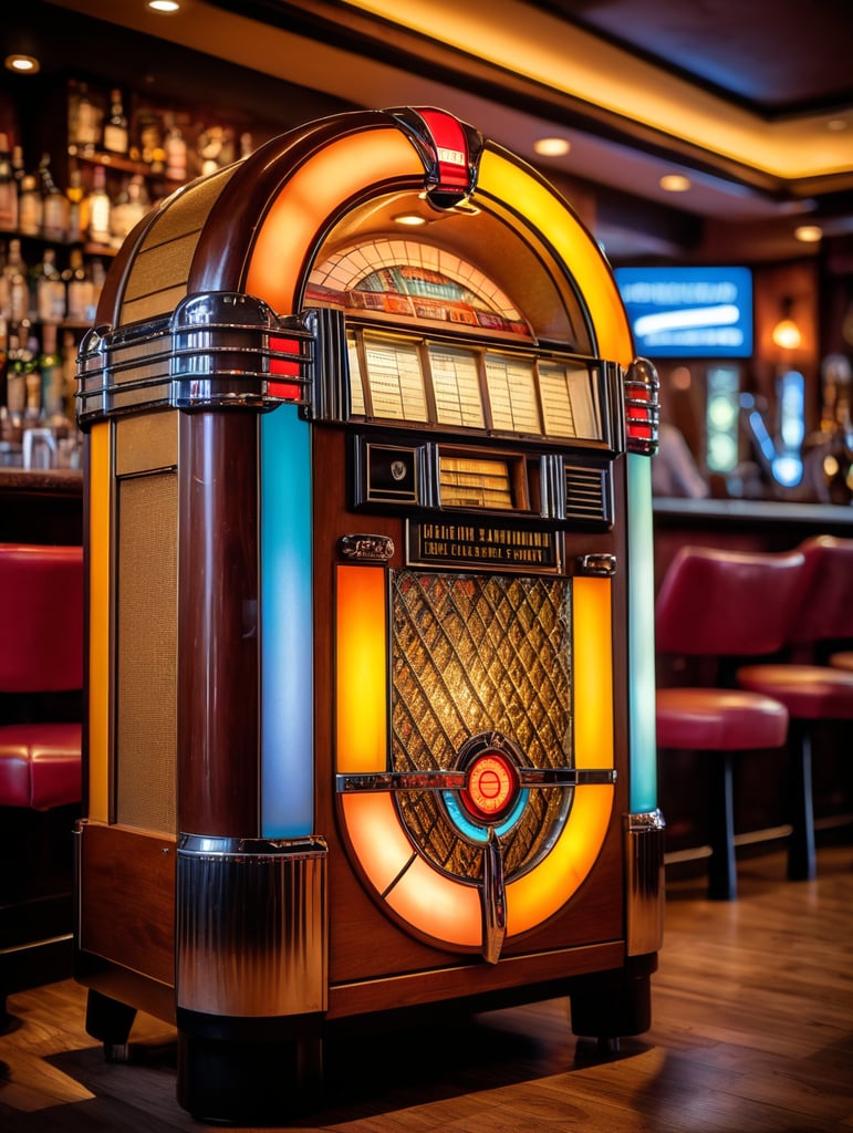 Retro jukebox in a bar, sharp focus, highly detailed,