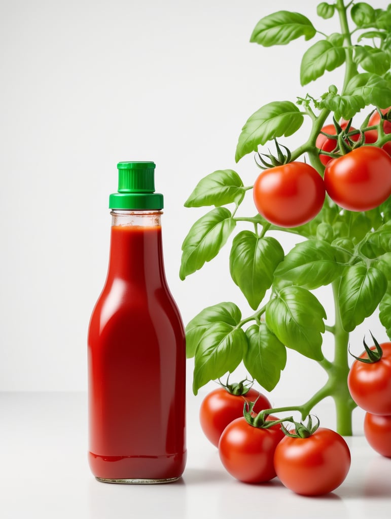 tomato ketchup bottle, red tomato with green leaves, isolated, white background