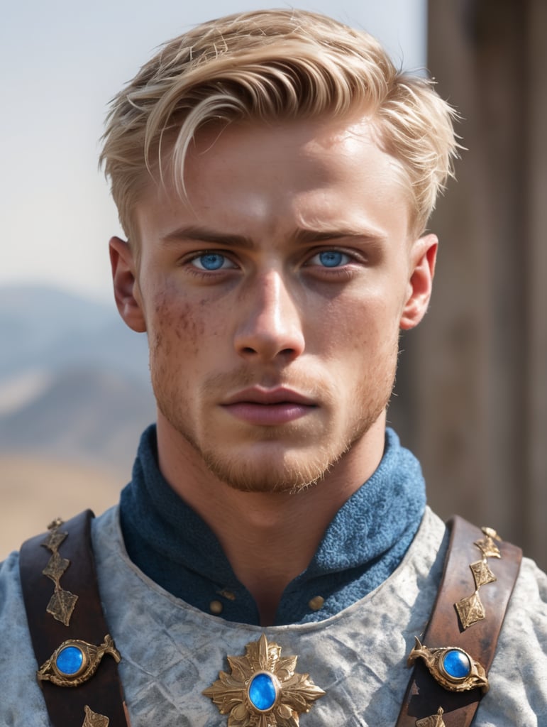portrait of a 20 year old blonde male with blue eyes and icy cold expression with a burn scar on the right side of his face and muscular lean physique wearing a 16th century tunic