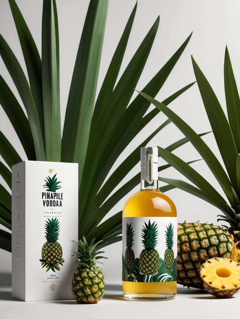 Packaging and branding for a pineapple vodka brand as if it had been designed by HI ESTUDIO with In a set design with pineapple, pineapple leaves, mockup