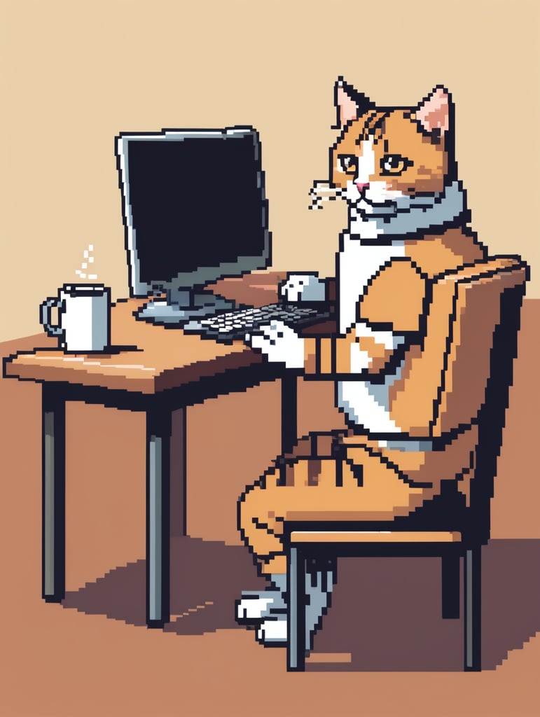 8bit pixel illustration of cat sitting on a chair applying for jobs on a computer with coffee on table ( plain colors)