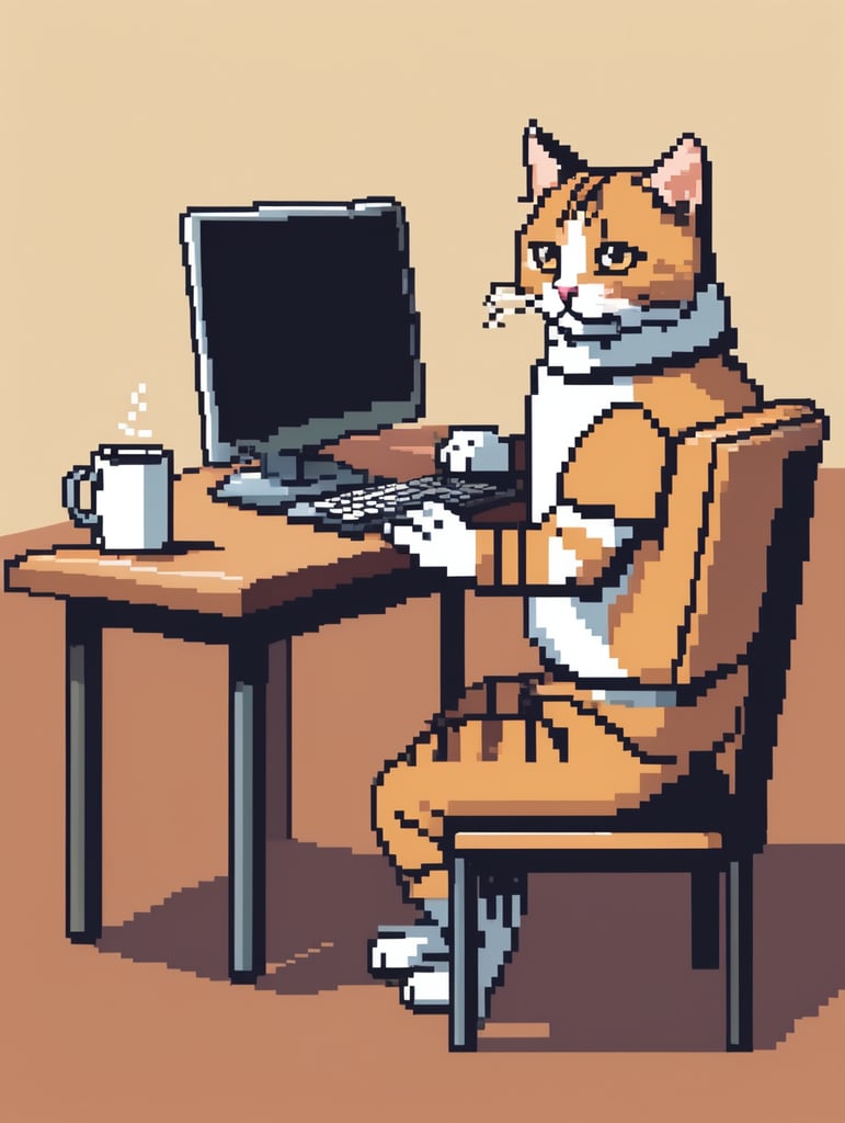 8bit pixel illustration of cat sitting on a chair applying for jobs on a computer with coffee on table ( plain colors)