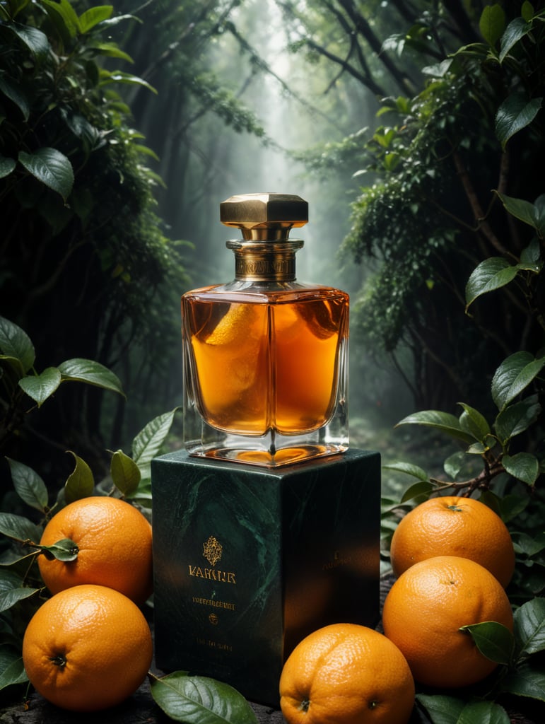 professional photography of a luxury perfume, orange fruits around, orange forest, green satin scarf, no label, clear, mockup