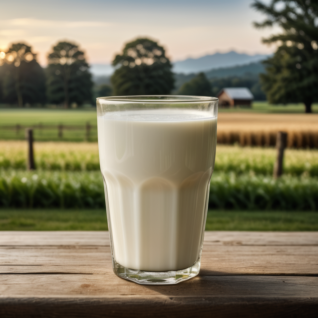 A mockup of a glass of milk, farm blurred background