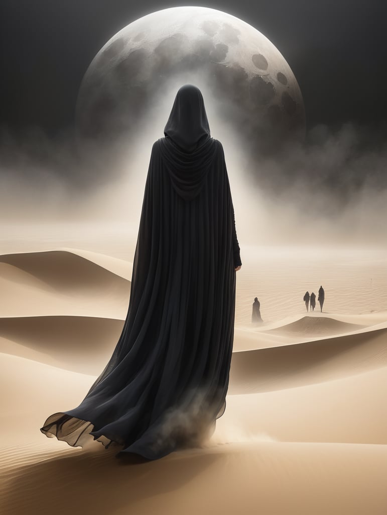 view from behind(((ethereal misty black cloaked woman figure))), clad in dark tones, advancing through a (((dunescape))) under a (rising moon), with (vast, smoldering sand dunes) reflecting an otherworldly light around its surroundings, abstract art