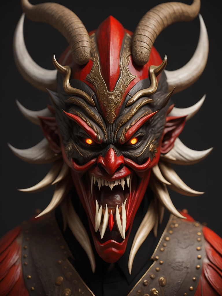 wooden red japanese demon mask with fangs and horns, black background, aggressive, Depth of field, Incredibly high detail