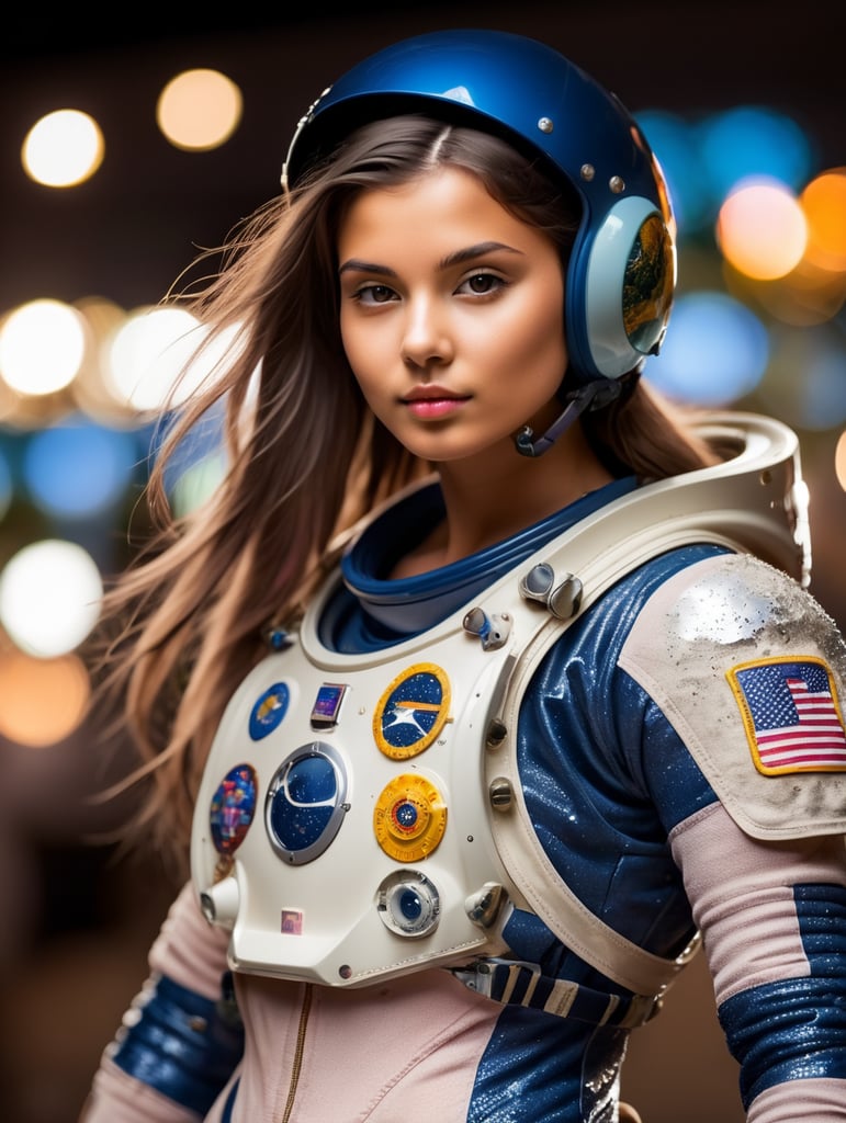 (full body photo), (girl:5), (((perfect body))), Astronaut helmet with cracked glass, slight tan on the skin, ((space suit)), (((extremely detailed eyes))), ((perfect face)), (texture of the skin), ((extremely detailed skin with skin pores)), (confident expression), space backdrop, dynamic composition, warrior pose, soft yet striking lighting, shallow depth of field, bokeh from city lights, sharp details, highly detailed, hyper-realistic, 50mm lens, naturally blurred background.