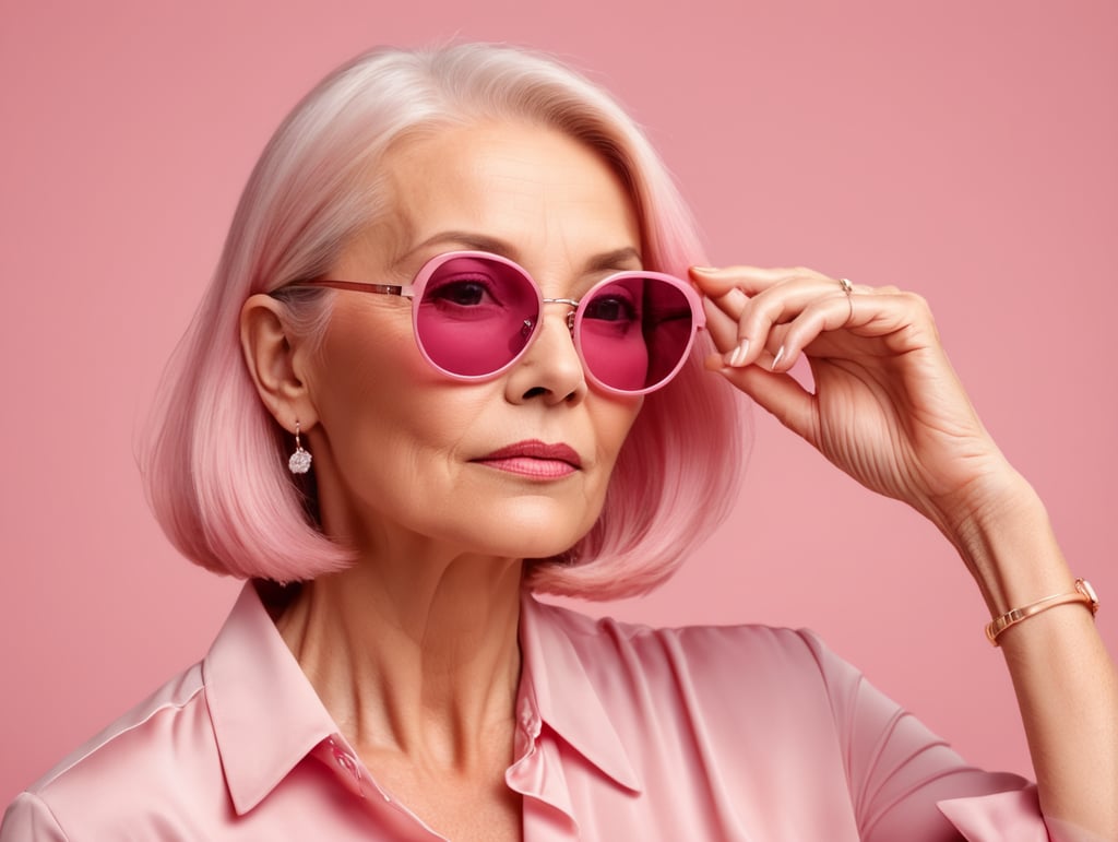 Blonde middle aged woman ponders on something keeps hand near face, pink hair, pink blouse, pink sunglasses, minimalistic style, fashion, mature women, pretty old women, isolated, pink background