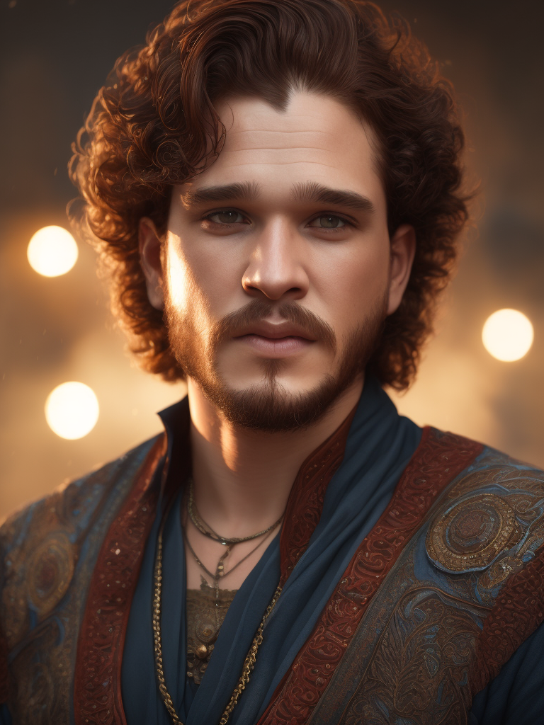 Kit Harington, Indian, red hair, golden caftan, beard, smile, blue eyes.