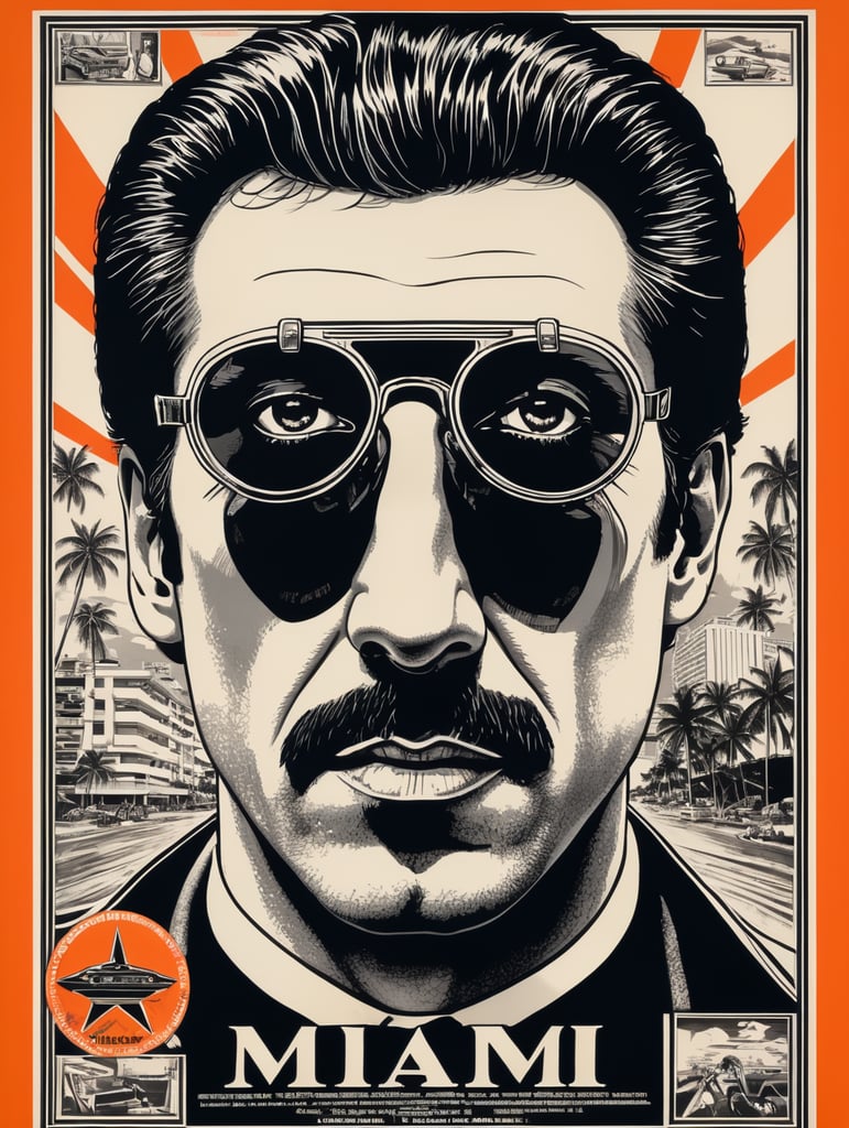 Miami 1984 cocaine eye-catching poster-style drawing and illustration representing the iconic pulp style.